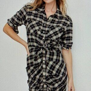 VERONICA BEARD SIERRA PLAID BUTTON FRONT GATHERED MINI DRESS
